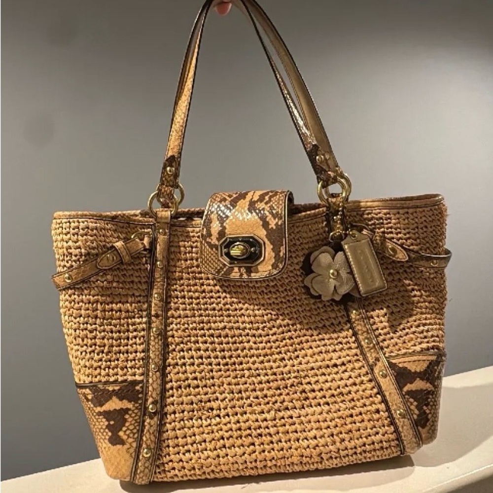 Coach Tan and Brown Woven Tote Bag